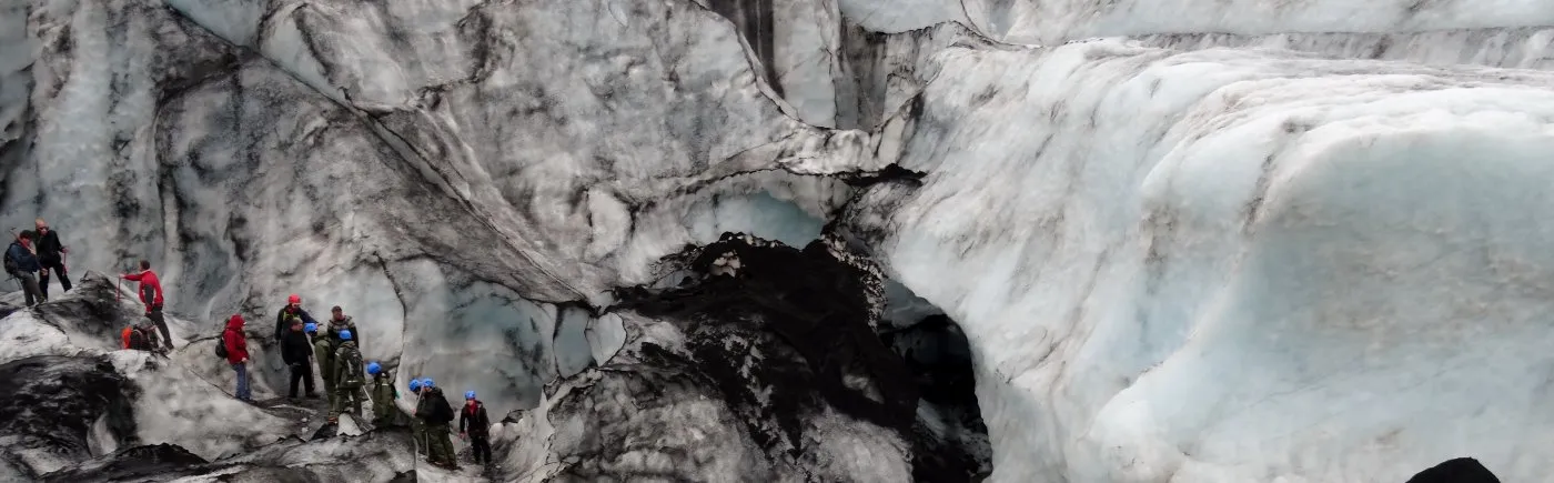 Students conducting fieldwork on the Sólheimajökull Glacier in Iceland