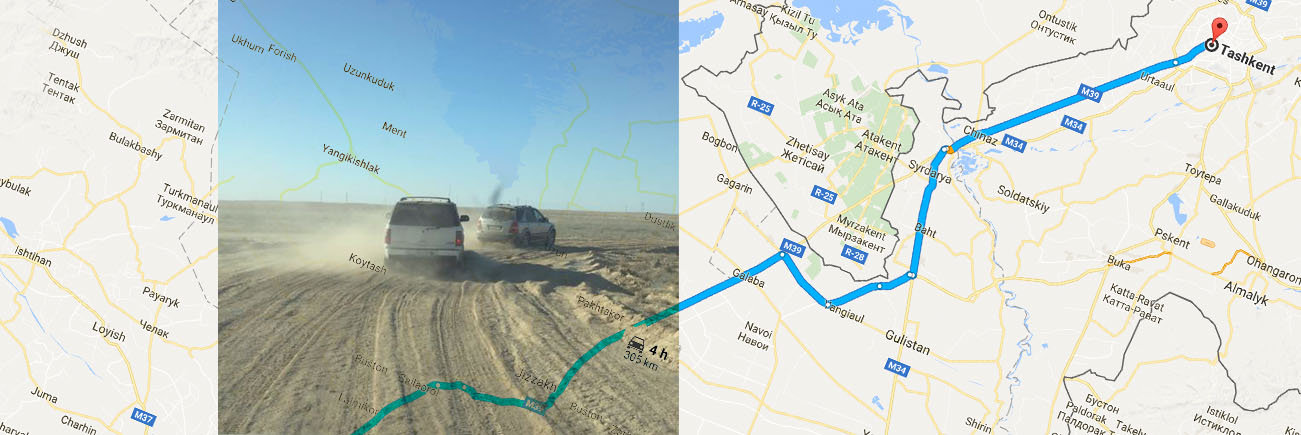cars on sand and map of Old Silk Route
